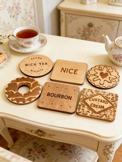 6 piezas Posavasos de madera clásicos | Juego de posavasos decorativos de Bourbon, Crema, Té Inglés, Galleta de mermelada - Decoración de madera hecha a mano para el hogar - Regalo de inauguración de casa - Accesorios y decoraciones de cocina