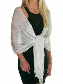 1pc White Metallic Shiny Shawl, Elegant Lightweight Breathable Tassel Scarf, Women's Party Dress Outerwear,Beach,Holiday,Accessories,Travel Essential - White - View 1