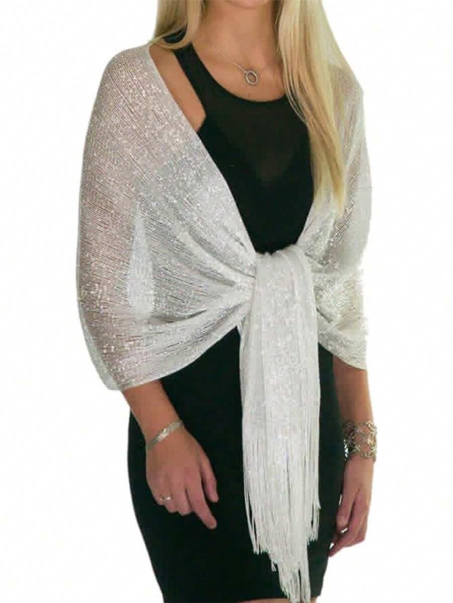 1pc White Metallic Shiny Shawl, Elegant Lightweight Breathable Tassel Scarf, Women's Party Dress Outerwear,Beach,Holiday,Accessories,Travel Essential - White - View 1