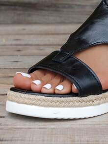 New Casual Hemp Rope Woven Wedge Platform Roman Sandals, Black Open Toe Hollow Out Holiday Sandals For Women - Black - View 8