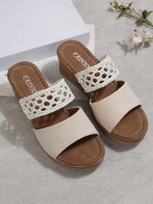 Women's New Fashion Lightweight & Comfortable Wedge Sandals, Summer Beach Vacation Open Toe Slippers, Suitable For Daily Wear, Vacation, Party, Home - Beige - View 7