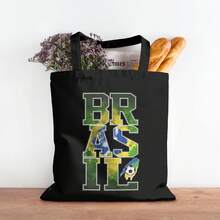Brazil National Team BRASIL Letter Canvas Tote Bag, 2026  World Cup Reusable Shopping Bag For Seleção Fans, Vintage Casual Shoulder Bag - màu đen - Xem 2