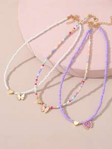 Conjunto de 3 collares hechos a mano con cuentas de arroz estilo bohemio, diseño de corazón blanco, joyería colorida para niñas - Multicolor - Ver 5