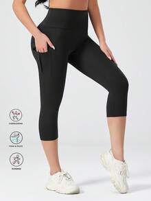 High Waist Fitted Flare Yoga Pants With Pockets, Casual Loose Wide Leg Trousers, Women Black - Black - View 4