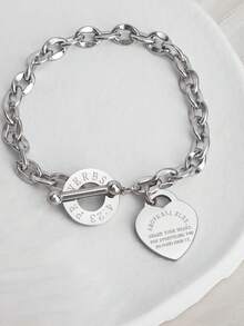 1条不锈钢心形雕刻钛金链手链，女士款，T形扣，适合日常佩戴和约会礼物 - 手鍊 - 查看 7