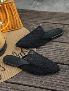 Giày bệt mũi nhọn đế bằng cỡ lớn 35-45 dành cho nữ, màu vàng đồng, kiểu dáng thấp, thích hợp cho hoạt động ngoài trời và hàng ngày, mẫu mới về mùa thu, chất liệu PU mềm mại, kiểu giày lười thời trang đa năng. - Lưới đen-kim cương đen - Xem 8