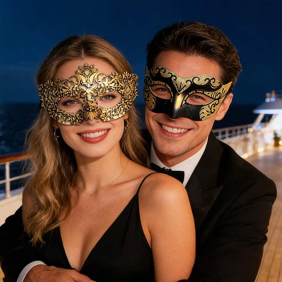 Masquerade Ball Mask, Venetian Lace Eye Mask For Women, Christmas & Halloween Party Costume Mask Set, Couple Cosplay Mask - Gold - View 1
