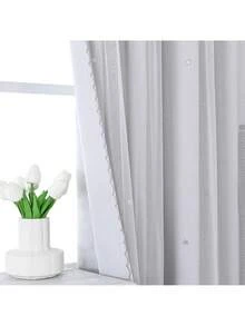 1pc Hollow Star Sheer Curtain, Polyester Lace Double-Layer Blackout Curtain For Living Room Bedroom, Cute Style - 白色 - 查看 6