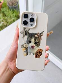 1pc White Litchi Texture Shockproof TPU Phone Case, UV Printed With Cute Cat, Coffee Cookie And Star Elements, Fashionable Protective Cover For IPhone 7/8/7 Plus/8 Plus/X/XS/XR/XS Max/11/11 Pro/11 Pro Max/12/12 Pro/12 Pro Max/12 Mini/13/13 Pro/13 Pro Max/13 Mini/14/14 Pro/14 Pro Max/14 Plus/15/15 Pro/15 Pro Max/15 Plus/16/16 Pro/16 Pro Max/16 Plus/17/17 Pro/17 Pro Max/Air - Multicolor - View 2
