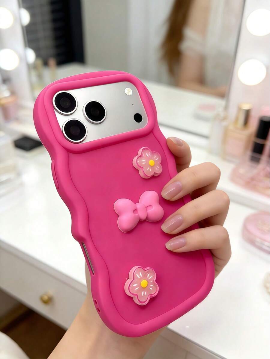 1个创意玫红色蝴蝶结花卉波浪边简约大孔手机壳，兼容 7/8/X/XR/XS Max/11/12/13/14/15/16/17 Pro Max、A14/A15/A16/A17/A04/A05/A06/A07/A54/A55/A56/A34/A35A/36/S25/S25 Plus/S25 Ultra、A54、Moto G13/14/15 - 波浪玫紅 - 查看 1