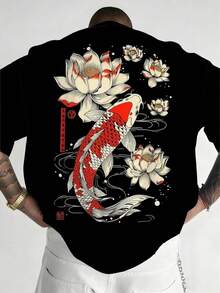 Áo thun nam cỡ lớn cổ tròn, chất liệu vải dệt kim polyester thoải mái và thoáng khí, họa tiết cá chép sen thời trang đường phố, thiết kế năng động, dòng sản phẩm mới mẻ, áo thun cá tính độc đáo. - màu đen - Xem 1