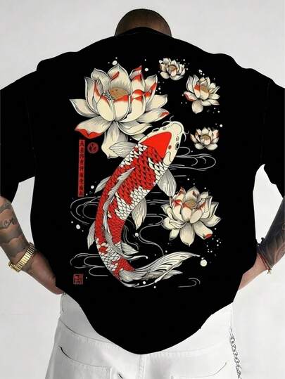 Camiseta casual de cuello redondo para hombres de talla grande, de tela de punto de poliéster cómoda y transpirable, con gráfico de "Carpa de loto" de moda y estilo callejero fresco, diseño casual de calle, serie personalizada novedosa