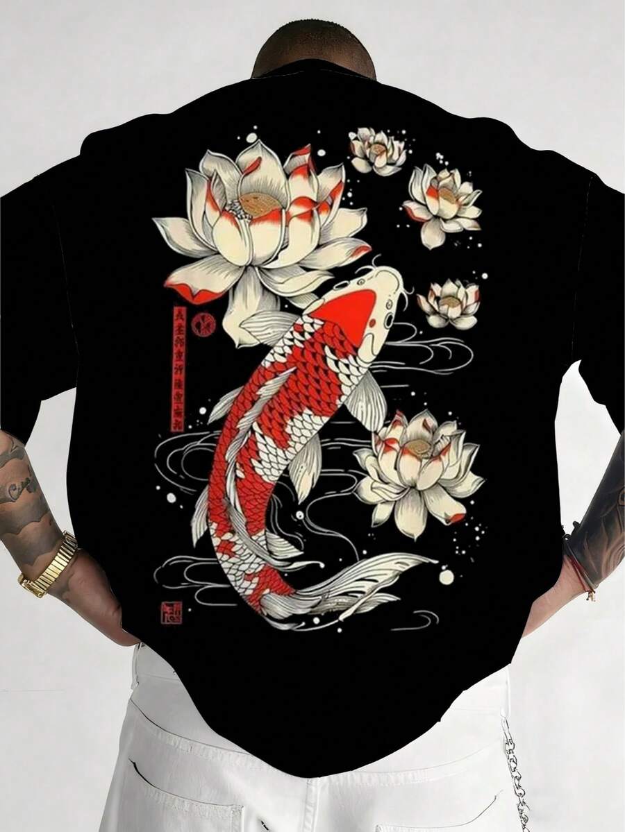Áo thun nam cỡ lớn cổ tròn, chất liệu vải dệt kim polyester thoải mái và thoáng khí, họa tiết cá chép sen thời trang đường phố, thiết kế năng động, dòng sản phẩm mới mẻ, áo thun cá tính độc đáo. - màu đen - Xem 1