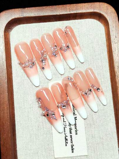 Press-On False Nails, Handcrafted Wearable Nails, Medium-Length Stiletto Shape, Ice-Clear Blush French Cat-Eye Design, Pink And White Gradient Color, White Round Beads, Decorated With Dazzling Sequins And Glitter, Sparkling Rhinestones, Exquisite And High-End Style, Gentle And Ethereal, Reusable.