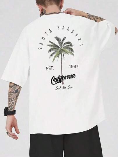 Men's Plus Size T-Shirt, Fashion Loose Fit, Coconut Tree And Letter Print, Short Sleeve, Suitable For Summer, Cool, Summer Men, Men, Men's T-Shirts