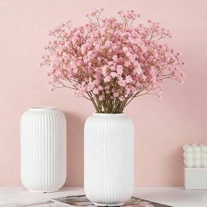 1/2/3pcs Plastic White Ceramic-Look Vases, Luxury Striped Retro Nordic Living Room Decor, Winterberry Silver Willow Leaf Floral Arrangement Accessories