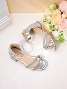 Giày sandal cao gót đính đá lấp lánh màu bạc cho bé gái, kiểu mũi vuông, có khóa dán, giày công chúa cho trẻ em. - Bạc - Xem 5