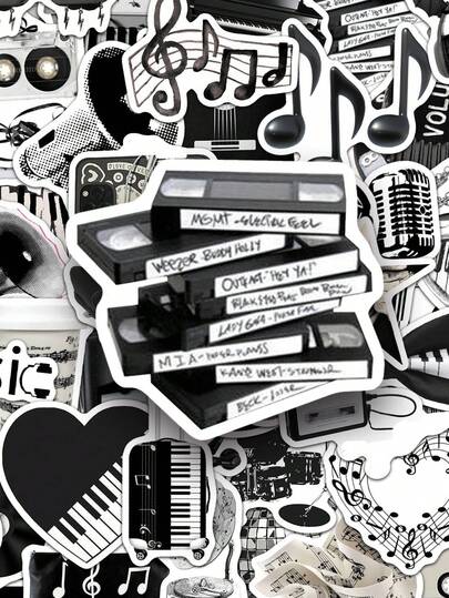 50pcs Black And White Ins Cartoon Music Musical Note Retro Art Stickers Music Enthusiasts Decorate Graffiti Aesthetic Stickers For Water Bottle, Guitar, Luggage, Phone, Case, Laptop, Skateboard, Gift