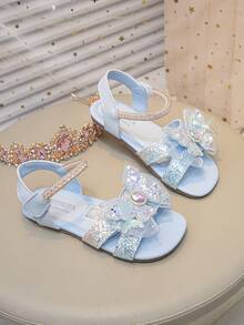 女童公主凉鞋，新款夏季美人鱼蝴蝶结水钻鞋，儿童软底防滑沙滩凉鞋 - 藍色 - 查看 4