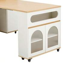 Kitchen Island With Wheels, Extendable Dining Table With Power Strips And Ribbed Glass, Sideboard With One Drawer, Serves As A Kitchen Island, Sideboard For Kitchen And Dining Room (White+Natural) - Khaki - View 9