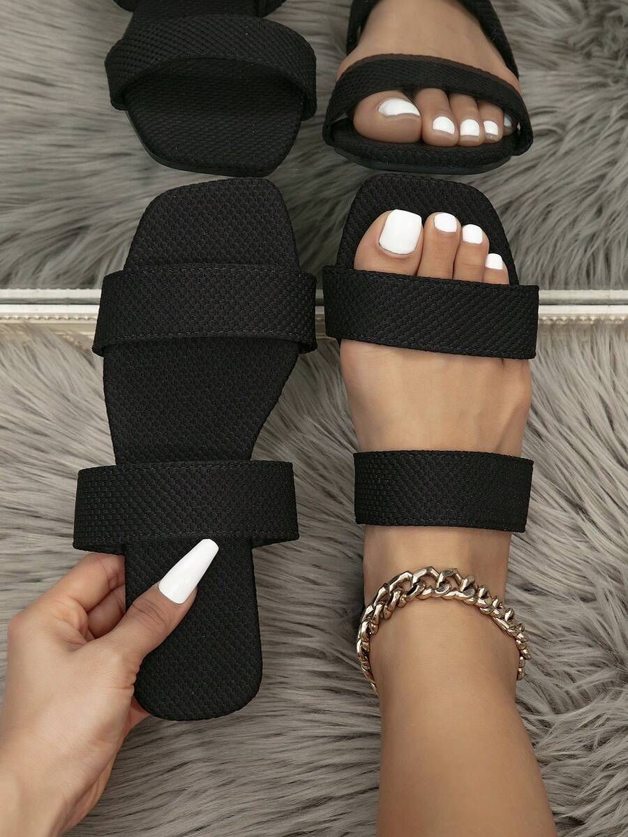 女士时尚平底凉鞋，春夏沙滩防滑可爱拖鞋，红色条纹平底凉鞋，优雅欧美风一脚蹬凉鞋 - 黑色 - 查看 1