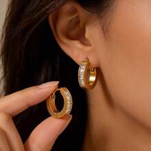 1 Pair Zirconia Inlaid Small Hoop Earrings, Minimalist Fashion Round Earrings, Luxury Style Suitable For Daily Commute For Women - Multicolor - View 1