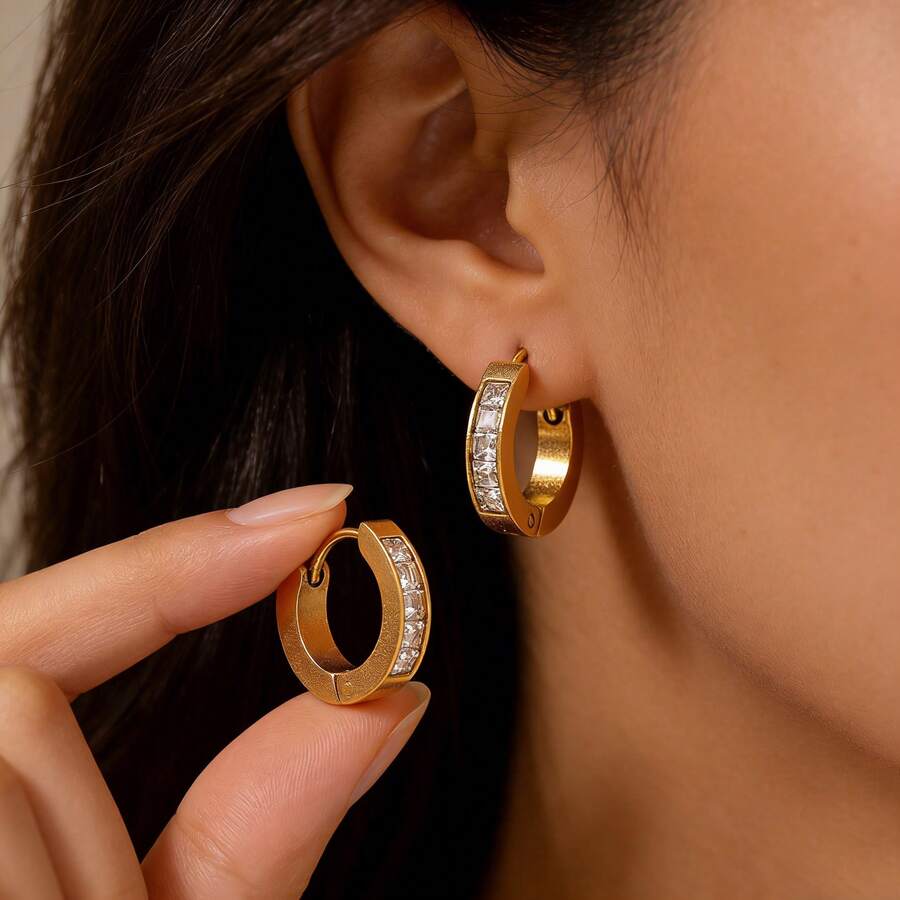 1 Pair Zirconia Inlaid Small Hoop Earrings, Minimalist Fashion Round Earrings, Luxury Style Suitable For Daily Commute For Women - Multicolor - View 1