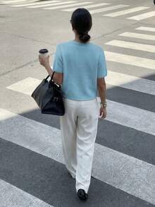 Round Neck Solid Color Pearl Button Short Sleeve Casual Versatile Knit Cardigan, Loose Fit, Suitable For Daily Wear Spring - Pastel Blue - View 7