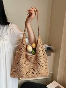 新款极简主义单肩编织手提包，女士款 - 卡其色 - 查看 1