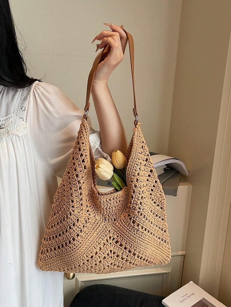 新款极简主义单肩编织手提包，女士款 - 卡其色 - 查看 1