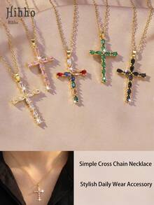 Hihho 1件简约奢华闪亮锆石十字架吊坠项链，优雅中性珠宝，寓意深刻，适合作为送给女友、闺蜜或节日礼物 - 金黃色 - 查看 1