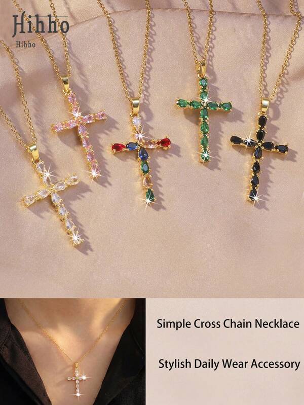 Hihho 1pc Minimalist Luxurious Sparkling Zirconia Cross Pendant Necklace, Elegant Unisex Jewelry With Profound Meaning, Suitable As Gift For Girlfriend, Best Friend, Holiday