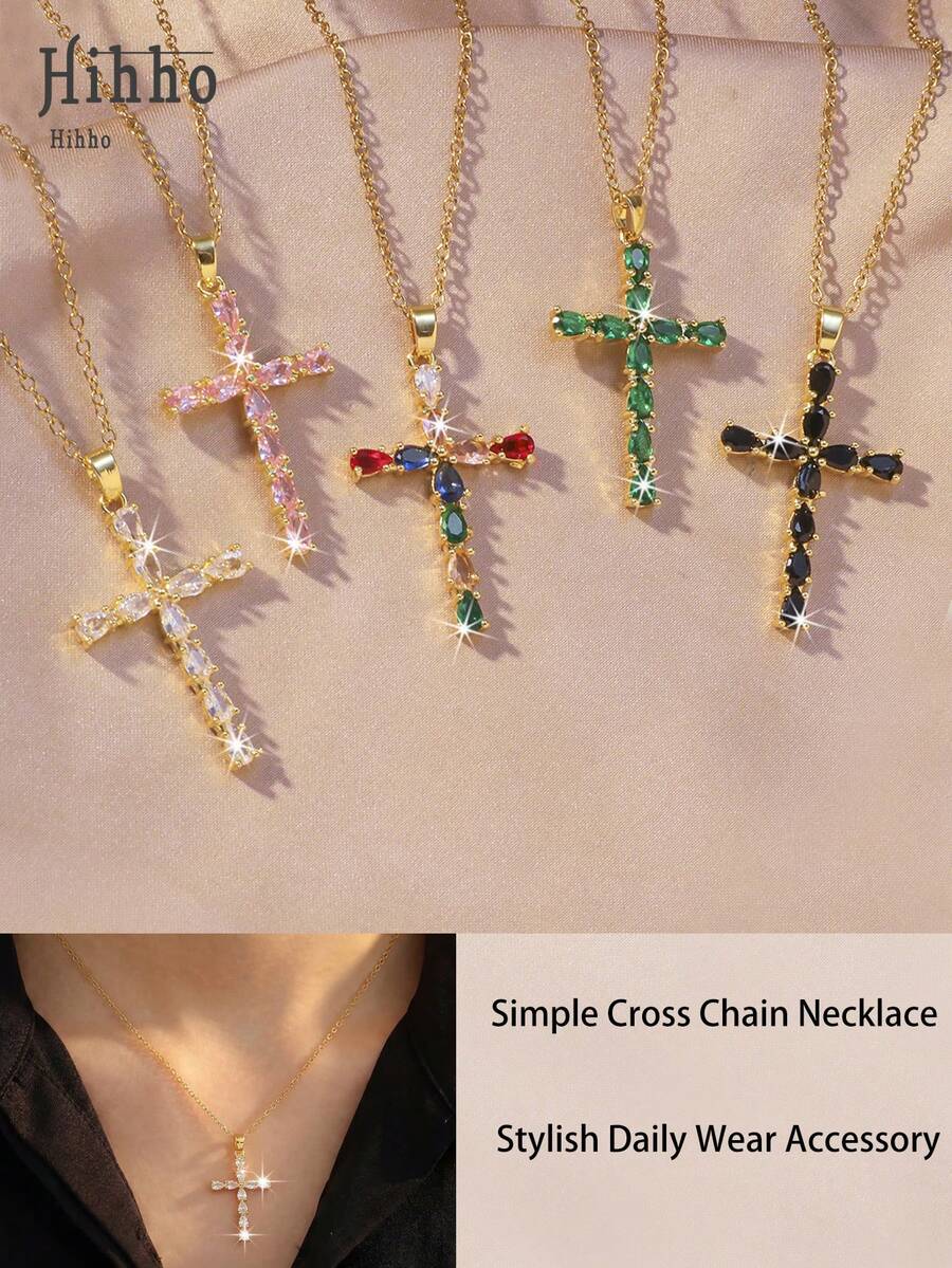 Hihho 1件简约奢华闪亮锆石十字架吊坠项链，优雅中性珠宝，寓意深刻，适合作为送给女友、闺蜜或节日礼物 - 金黃色 - 查看 1