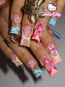 SANRIO 24片Y2K中号方形3D法式美甲贴片 - 可爱3D花朵装饰，饰以彩色珍珠和水钻，完美适配亚克力假指甲套装。适合日常派对和聚会使用。 - 彩色 - 查看 1