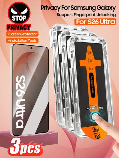 ZYONS 3pcs Privacy Screen Protector For Samsung Galaxy S Series, Supports 0.2s Fingerprint Unlock, Includes Auto-Cleaning And Auto-Installation Tools, Compatible With Galaxy S26 Ultra/S26+/S26/S25 Ultra/S25+/S25/S24 Ultra/24 Plus/24/23/22/21, 25° Anti-Peeping Tempered Glass, Full Coverage, Anti-Fingerprint, Anti-Drop, Anti-Scratch, Bubble-Free, Birthday Gift For Family And Friends, Phone Screen Protector, Phone Accessories (Requires Re-Registering Fingerprint For Fingerprint Unlock)