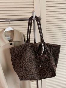 Stylish Leopard Print Tote Bag, Large Capacity Shoulder Bag, Perfect Underarm Bag For Commuting - Brown - View 3