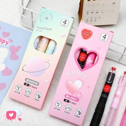 4Pcs Cute Heart & Starry Sky Gel Pen Set, Kawaii Retractable Black Ink Pens, 0.5mm Fine Tip Quick Dry Pens For Journaling, Note-Taking & Student School Supplies