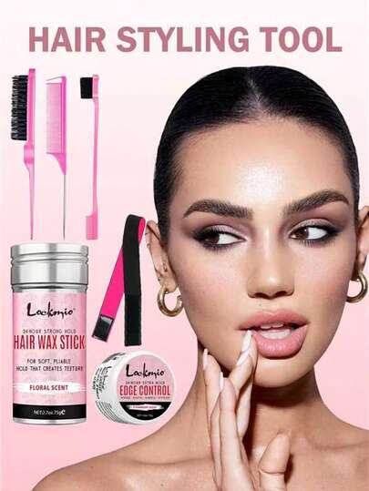 女士发蜡棒和发际线定型套装，持久强力定型，包含发际线刷、梳理刷、尖尾梳和弹性发圈，不油腻、不粘腻、不产生头皮屑、不留白色残留物，可抚平毛躁头发，打造光滑马尾辫，适合所有发质，是生日和母亲节送给女性的绝佳礼物。