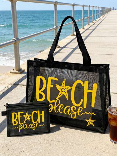 Mesh Tote And Small Bag Set With Colorful "Please Beach" Lettering & Starfish,Tote Bag,Beach Bag,Mesh Cosmetic Bags,Beach Handbag, Casual Vacation Bag,Foldable Large-Capacity Swimming Beach Bags, Cosmetic Storage Bag,Summer Essentials,Ideal For School, Vacation, Holiday & Back To School Use,Best Gift For Friends And Teachers,Ideal Birthday Gift, Party Gift, Summer Gift, Vacation Gift,Mother's Day Gift, Holiday Gift, Wedding Gift