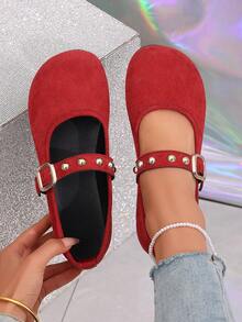 2026春季新款时尚女式麂皮玛丽珍鞋，金色铆钉方扣，软底圆头平底鞋，法式圆头浅口复古设计 - 紅色 - 查看 9