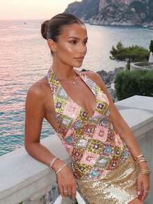 Tops de mujer con cuello halter y lentejuelas, sin mangas, con espalda descubierta y corte ajustado, ideales para el verano. - Rosa - Ver 5