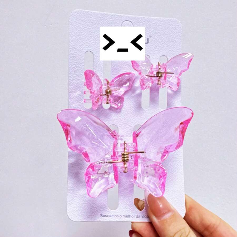 Crystal Butterfly Hair Clip Set - Royal Elegance (3 Pieces) - 粉色 - 查看 1