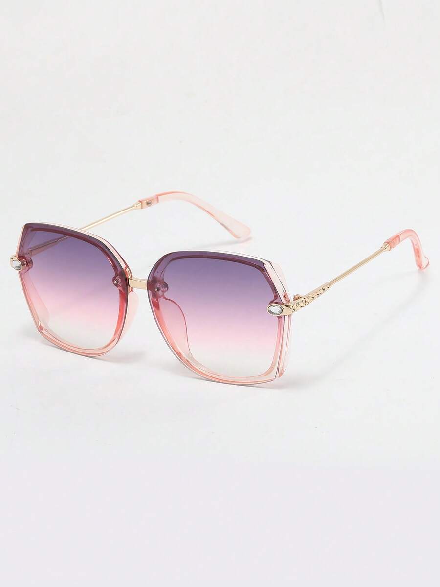 1pc Women's Square Fashion Sunglasses, UV Protection, Gradient Color, Metal Temples With Rhinestone Embellishment, Retro Style Suitable For Summer, Beach, Travel, Outfit, Vacation - Pink - View 1