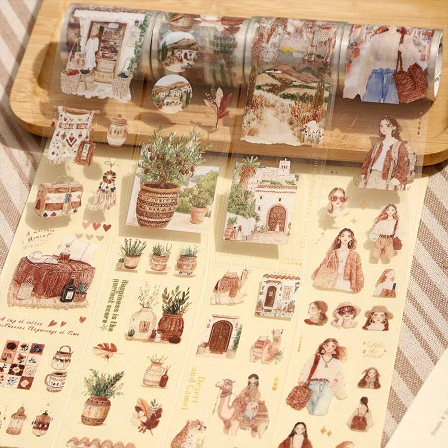 1 Roll Of Die-Cut PET Tape, Romantic Bohemian Series Vintage Style Hand-Painted Illustration Stickers For Scenery Decoration, Suitable For Albums, Scrapbooks, Notebooks, Cups And Tablets, Size: 5cm X 200cm, Essential For Students Back To School Season - 1 Roll - View 1