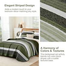 Quilt Set Queen Size Sage Green Striped Bedding Set 3 Piece Lightweight Bedspreads Coverlets Set Soft Microfiber Summer Striped Quilts With 2 Pillowcases All Season Patchwork Comforter Set 96"*90" - Sage Green - Ver 7