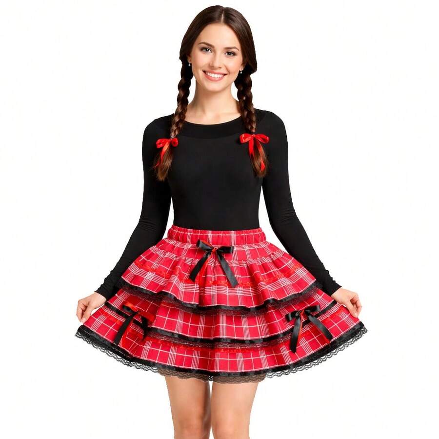 Junior/Adult Junior/June Festival Skirt, Country-Style Checkered, Round, Square Dance, Saint John's Day, Ruffled, Luxury - 紅色 - 查看 1