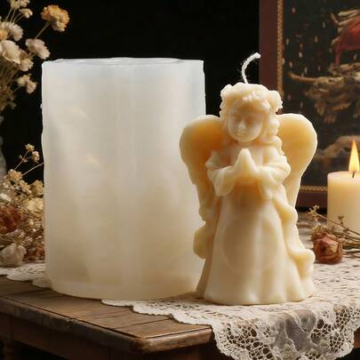 1个祈祷天使硅胶蜡烛模具，3D天使造型，带翅膀、花冠和长袍细节，适用于蜡烛、肥皂、树脂和石膏工艺品，家居装饰