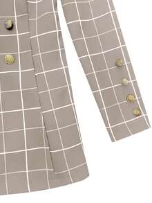 Women's Front Button Notched Collar Long Sleeve Plaid Casual Blazer Spring - Apricot - View 4