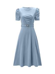 Women's Elegant V-Neck Ruffle Hem Solid Color Dress, Asymmetric/Irregular Midi Dress For Elegant Occasions, Weddings, Office, Daily Wear, Spring/Summer - Baby Blue - View 4