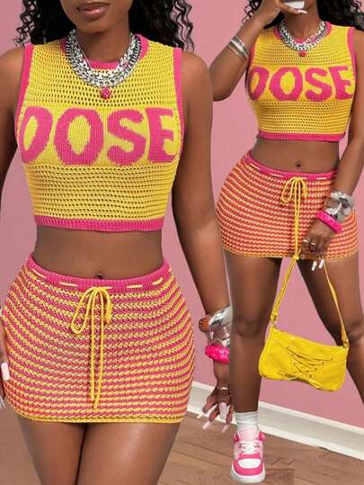 Bộ 2 món áo dệt kim không tay cổ tròn + chân váy ngắn cho nữ, phối màu tương phản, kiểu dáng buộc dây, thích hợp cho mùa xuân/hè.
